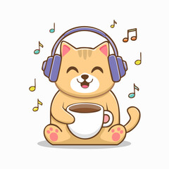 Fototapeta premium Cute Cat Listening to Music and Drinking Coffee