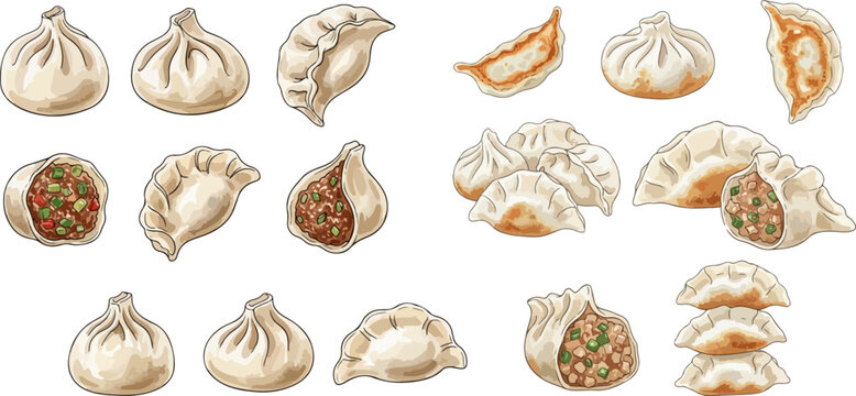 Delicious Asian Dumplings and Buns Collection with Various Fillings and Styles.