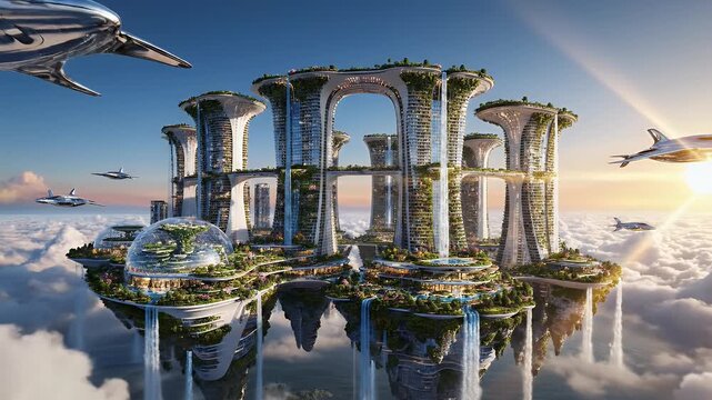 Futuristic sky city with waterfalls, lush greenery, and sleek flying vehicles