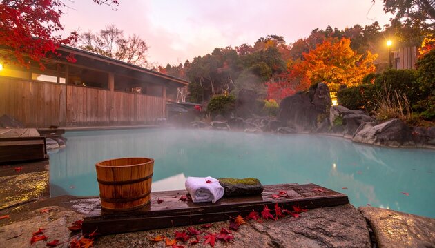 露天風呂・紅葉・秋・夕暮れ・もみじ・健康・美肌効果・美容・温活・旅館・リラクゼーション・癒し・日本の秋素材／Japanese rotenburo outdoor hot spring autumn maple leaves dusk, momiji floating water beauty skin care healthy wellness, fall season onsen relaxat