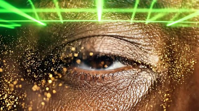 A close-up of a human eye with a green laser beam and gold particles