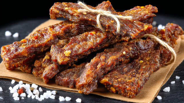 Thick cut beef jerky strips seasoned with spices and sea salt on parchment, seasoned
