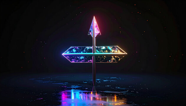 neon signpost with arrow pointing directions in the dark