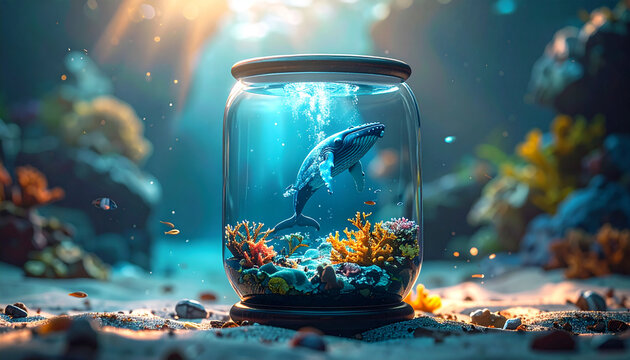 Fish in a jar underwater ocean scene with coral and rocks