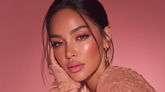 Woman with glamorous makeup and gold earrings posing against pink background, portrait