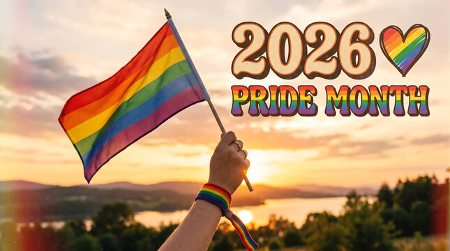 Hand holding rainbow flag over lake at sunset for pride month 2026 with equality