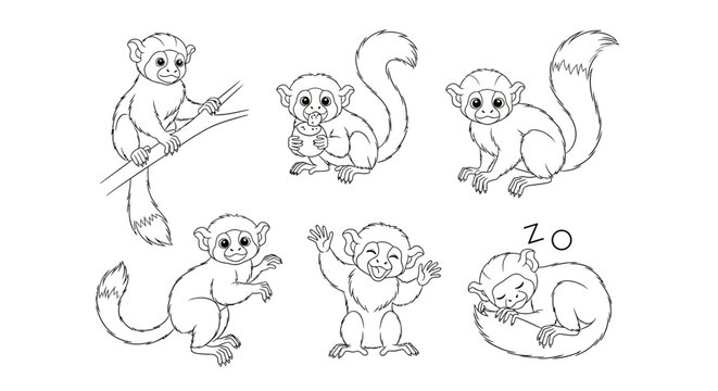 Cute Monkey Character Set in Various Poses, Hand-Drawn Doodle Style