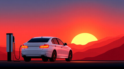 Fototapeta premium A white electric car charges at a station against a vibrant red and orange sunset over rolling hills.