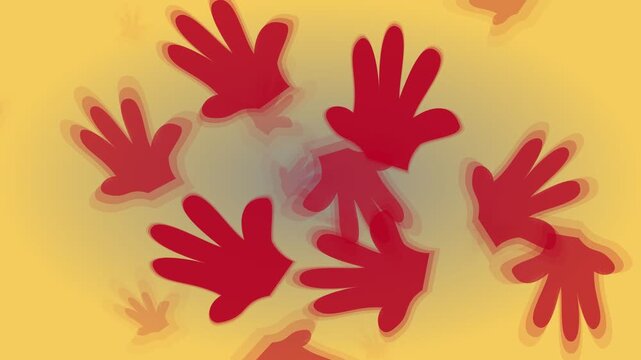 Red Handprints Animation on Yellow Background for Children Education and Diversity Art Projects with Stylized Motion Blur
