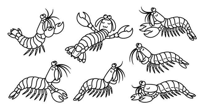 Cute cartoon shrimp set in line art style for coloring page