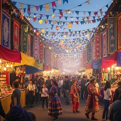 Obraz premium Vibrant Night Market Scene with Festive Decorations and Crowds.