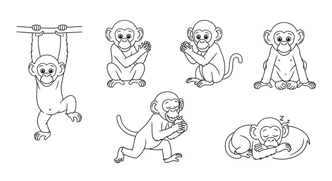 Cute Cartoon Monkey Set, Various Poses and Activities, Line Art Style