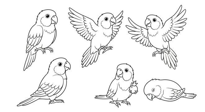 Cute Lovebird Parrot Set in Various Poses, Hand-Drawn Line Art