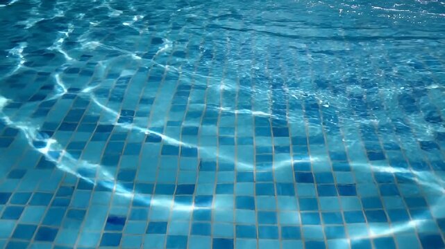 Sunlight dances across the surface of a swimming pool, creating shimmering patterns on the tiled floor below.
