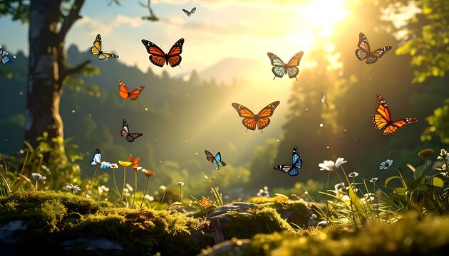 A serene forest scene with butterflies