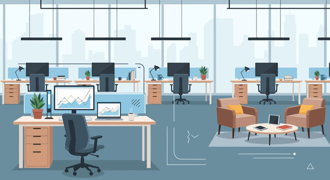 Modern open-plan office interior with workstations, computers, and seating area.
