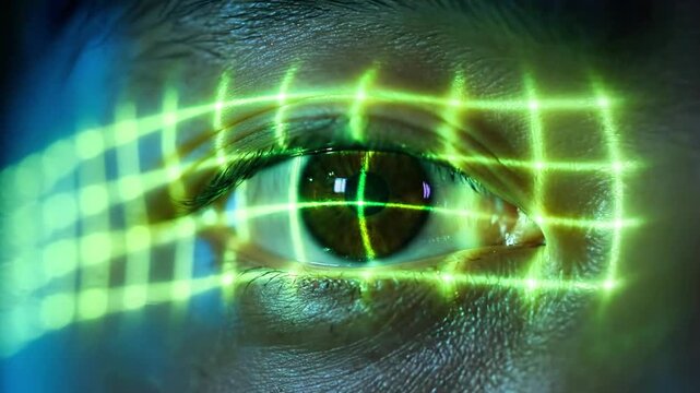 A close-up of a human eye with a neon green grid superimposed over it