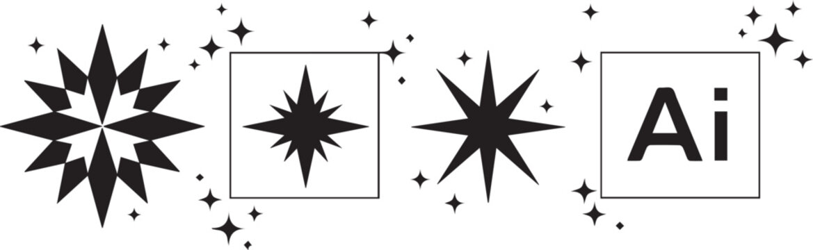 Collection of star shapes and Adobe Illustrator logo Ai on transparent background with sparkles.