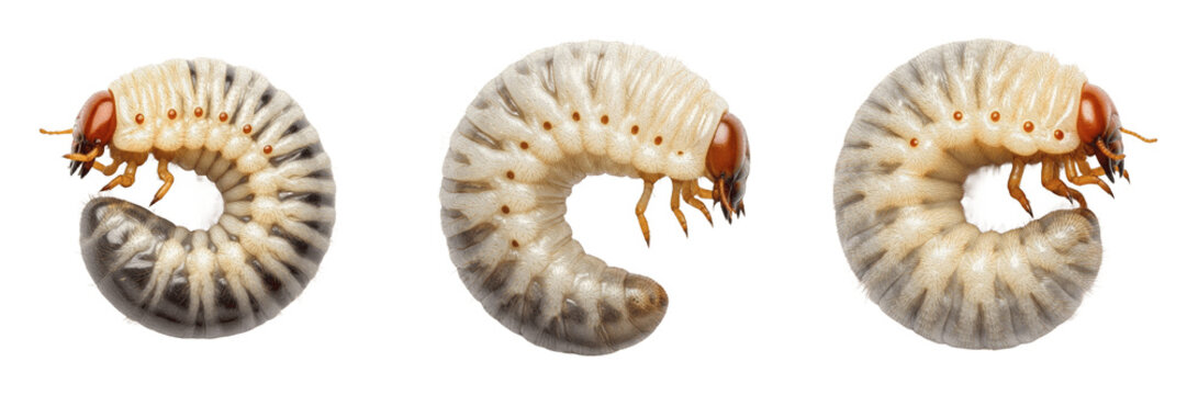 White grub beetle larva crop pest insect showing biological anatomy, structural morphology, taxonomic classification traits, and agricultural crop damage parameters within a field system.
