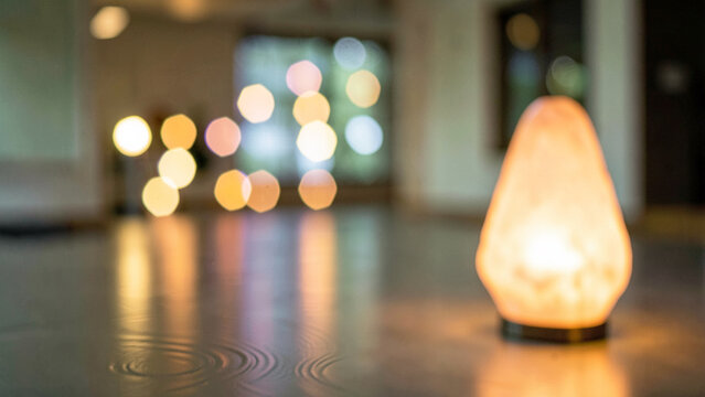 Golden diffused light illuminating a textured floor and glowing decorative lamp