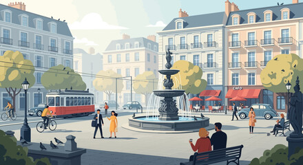 European City Square with Fountain, Tram, and People Enjoying Outdoor Cafe © Maryati