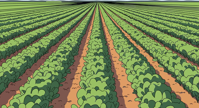Vast green soybean field with straight rows stretching to the horizon under a clear sky.