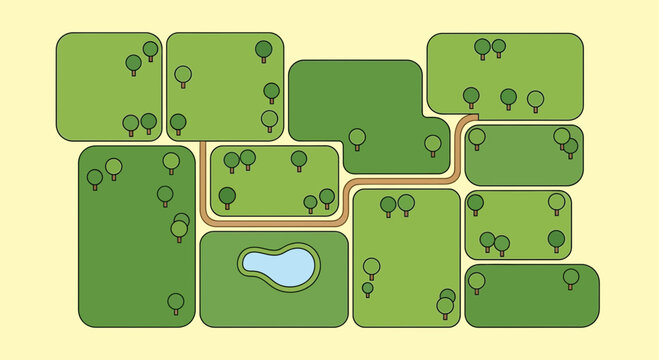 Top-down view of a stylized golf course map with green fairways, trees, and a pond