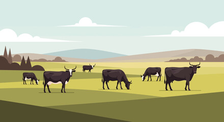 Herd of black cows grazing in a vast green field under a cloudy sky © Maryati