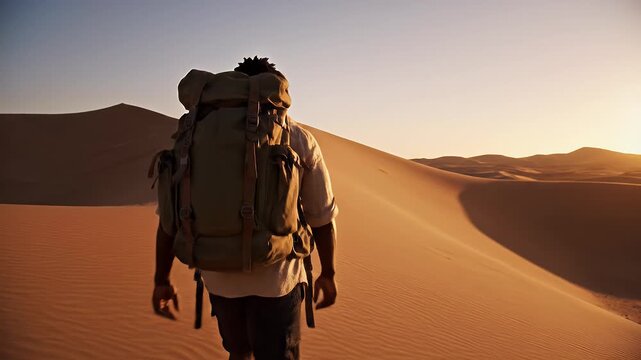 A lone backpacker treks across golden sand dunes under a soft twilight sky