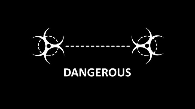 Animated biohazard warning sign with dangerous text on black background, 1. biohazard warning