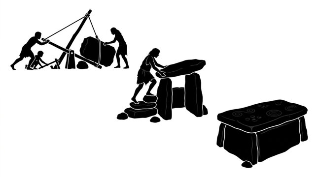 Prehistoric builders constructing megalithic monument with primitive lever crane lifting boulder near caveman assembling dolmen tomb and completed stone altar with carved tribal symbols vector