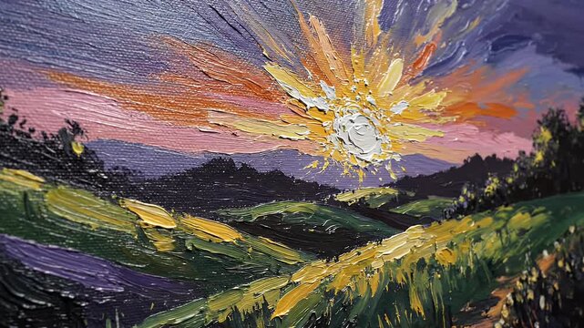 Thick paint strokes create a vibrant, impasto landscape with a bright sunburst