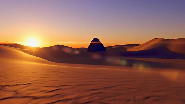 Cracked earth desert landscape under a gradient sunset sky with dramatic dunes