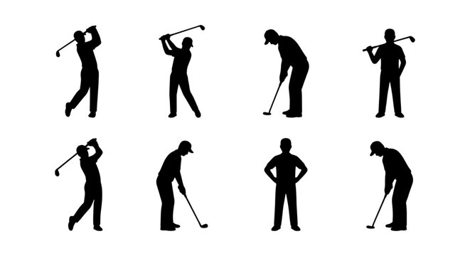 Golf Player Silhouettes, Set of 8 Vector Icons, Sports Action Poses, Male Golfer Graphics