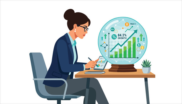 Businesswoman analyzing financial data and future growth projections with a crystal ball on her desk, symbolizing foresight and strategic planning.