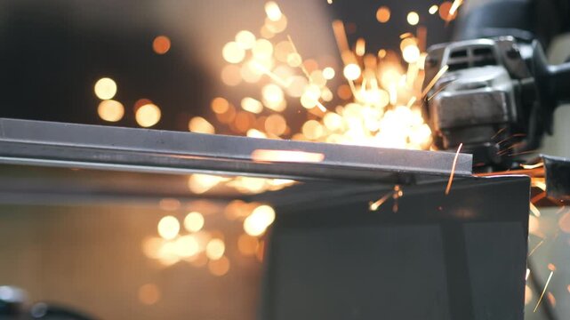 Industrial worker cutting metal frame with angle grinder in workshop with bright sparks and steel fabrication process.