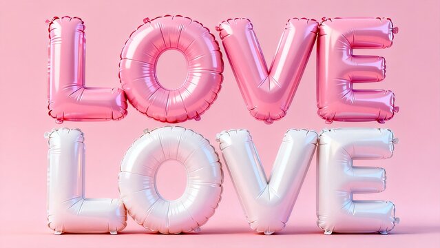 Pink gradient LOVE letter foil balloons, romantic valentine's day decoration on pink background