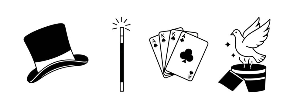 Classic magic performance elements top hat, glowing wand, four aces, and a dove from a bucket. Ideal vector graphics for illusion and entertainment