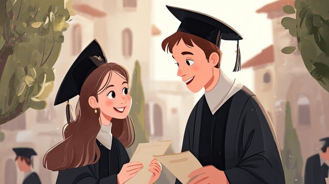 Male and female graduates in gowns holding diplomas, celebrating graduation outdoors on campus, cartoon illustration