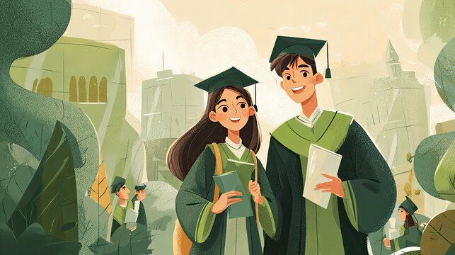 Male and female graduates in gowns holding diplomas, celebrating graduation outdoors on campus, cartoon illustration