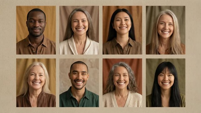 Diverse group of happy people smiling in casual clothing with neutral backgrounds for inclusive portrait collection