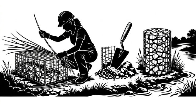 Civil engineer constructing gabion wall basket for riverbank erosion control next to gravel shovel and completed cylindrical stone filled wire gabion cage silhouette vector illustration set