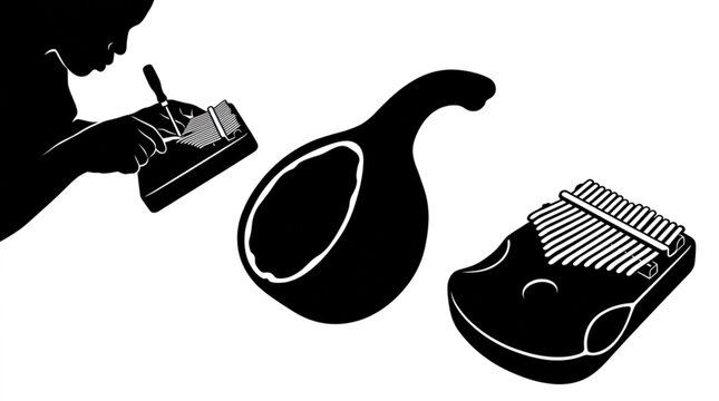 Traditional instrument maker tuning kalimba thumb piano metal tines with tuning awl near hollowed gourd resonator and completed wooden kalimba vector silhouette illustration set