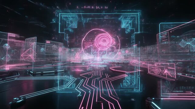 Futuristic digital blockchain network with glowing data cubes and neon circuit connections in virtual space