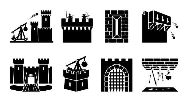 Medieval Castle Icons, Fortress Elements, Siege Warfare Symbols, Vector Graphics