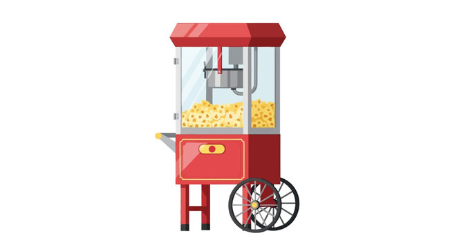 Red vintage popcorn machine filled with fresh popcorn on white background