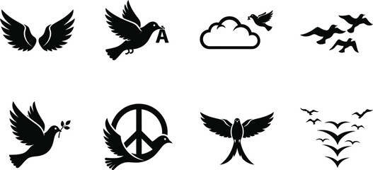 Fototapeta premium Editable icon set of black silhouette doves and peace symbols