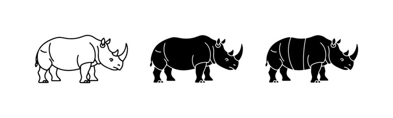 Rhino Icons Set, Black and White Wildlife Vector Graphics © Naimur