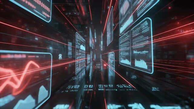 Futuristic digital data stream with glowing graphs and charts in a high tech cyber environment