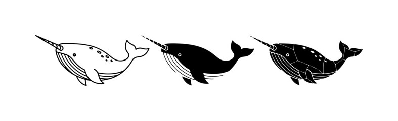 Narwhal Icons, Arctic Whale Vector Set, Marine Mammal Graphics © Asif